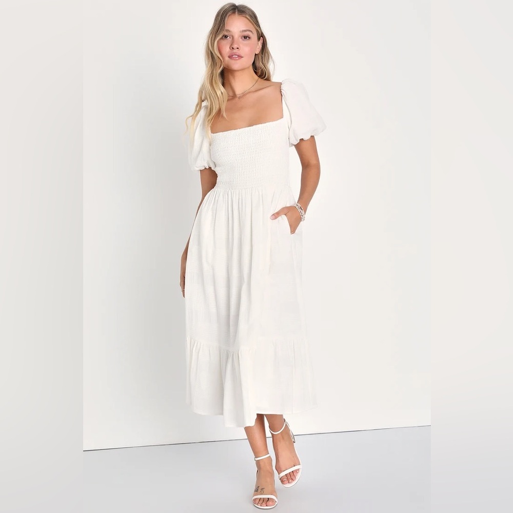 Lulus Budding Charm White Smocked Puff Sleeve Midi Dress With Pockets